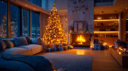Festive Christmas Eve in a modern city apartment with glowing tree and fireplace