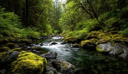 Lush forest stream flowing through mossy rocks