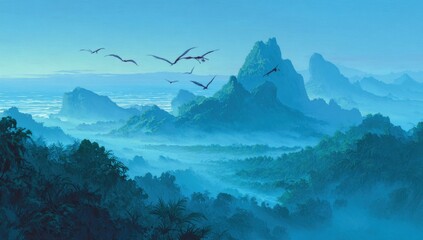 Misty mountain range with pterosaurs