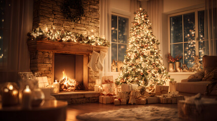 Obraz premium Cozy Christmas Eve scene with twinkling tree crackling fireplace and wrapped gifts
