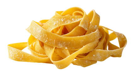 Close up shot showing a pile of fresh fettuccine pasta with a light dusting of flour on a black background