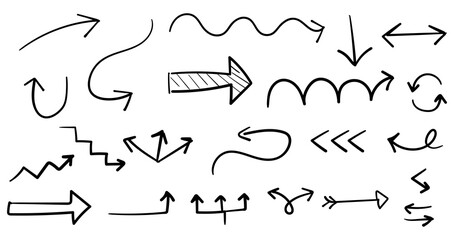 Hand drawn arrows set outline in different strokes, shapes, and styles.