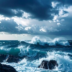 Dramatic ocean waves crashing on rocky shore under stormy sky