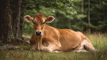 Golden cow resting on grassy ground surrounded by trees in a peaceful outdoor setting under soft natural light during a calm afternoon.