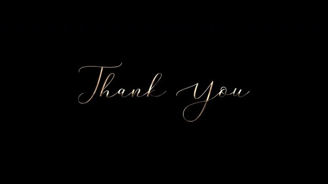 Gold cursive Thank You smooth animation and soft glow on black background, an elegant outro for videos and presentations. 4K video