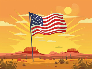 American flag waving proudly in the desert with stunning sunset backdrop illustration