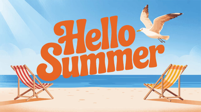 Vector art of hello summer greeting with beach chairs and a seagull - Powered by Adobe