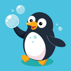 Obraz premium Cute cartoon penguin playing with bubbles on a blue background