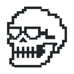 Obraz premium Pixelated black and white skull icon in profile view.