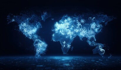 World map with glowing, ethereal outlines