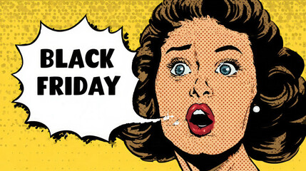 Shocked retro pop art woman with red lips and pearl earring in the foreground, comic speech bubble reads black friday on yellow halftone background, concept of bold sale promotion