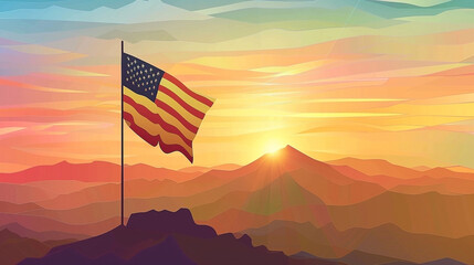 Scenic Illustration of the United States Flag Overlooking a Mountain Sunset Landscape