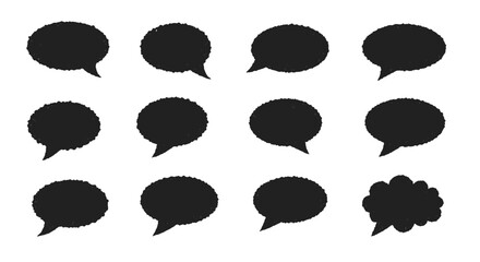 Collection of Twelve Black Textured Speech Bubbles with Different Shapes.