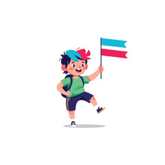 A cheerful young child with a backpack and a flag explores the world.