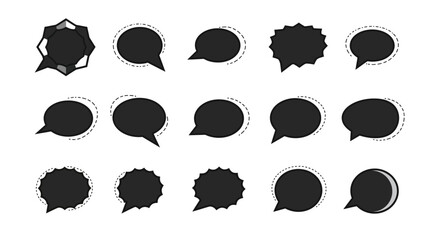 Collection of Black Speech Bubbles with Various Shapes and Outlines.
