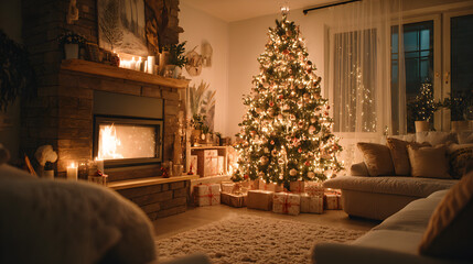 Fototapeta premium Warm and festive living room adorned with a lit Christmas tree and fireplace