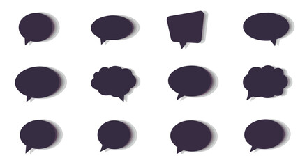 Collection of Dark Purple Speech Bubbles with Shadows on White Background.
