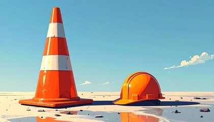 Construction cone and helmet on a flat surface