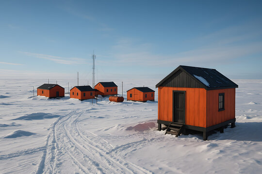 Remote orange cabins on snowy polar landscape, isolated winter settlement in frozen wilderness, arctic housing under clear sky, extreme cold environment survival concept