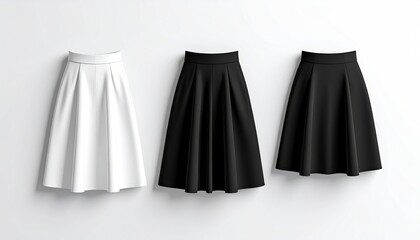 Three skirts: white, black, and dark black on a white wall.