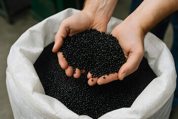 Fototapeta premium Hands holding black plastic granules above large white industrial bag showing polymer raw material production concept for manufacturing supply chain plastic recycling industry injection molding pellet