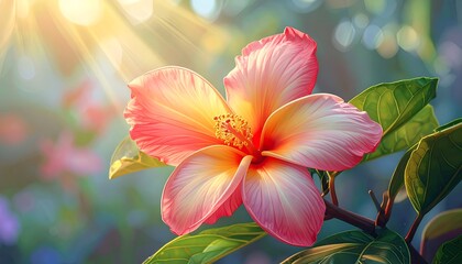A vibrant, close-up shot captures a blossoming flower, illuminated by sun rays, showcasing intricate details and colorful petals