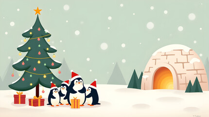 Modern minimalist Christmas illustration with penguins wearing Santa hats gathered around decorated Christmas tree with glowing lights, wrapped gifts, cozy igloo and snowy antarctic winter landscape