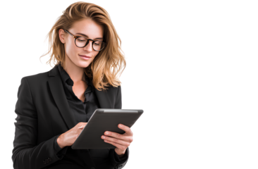 a businesswoman holding an ipad, wearing glasses and a black suit, on a transparent background png file