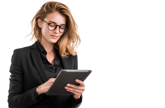 a businesswoman holding an ipad, wearing glasses and a black suit, on a transparent background png file