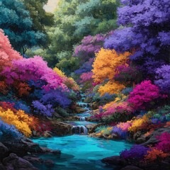 Obraz premium Vibrant, colorful forest stream with cascading waterfall