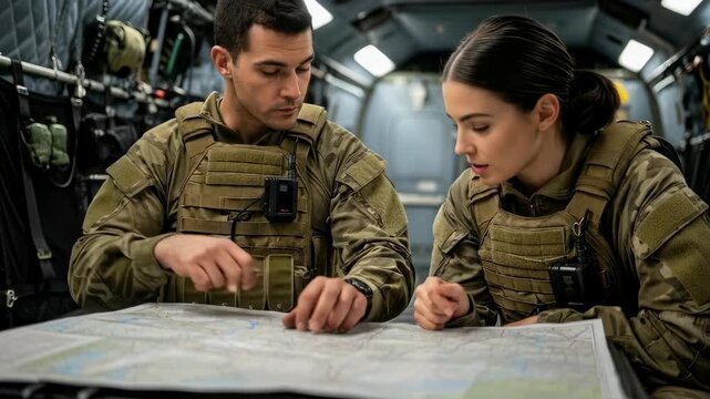 Man and woman in military uniform discussing strategy over a map in an aircraft, tactical planning footage
