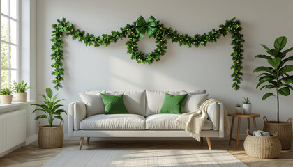 Shamrock garland draped on a living room wall with festive touches with copy space
