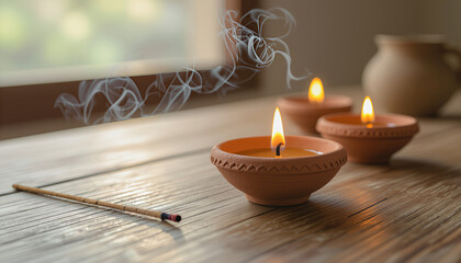Handmade clay diyas with small flames on a wooden tabletop with copy space