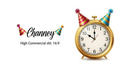 Alarm clock with party hats and channey high commercial text isolated on white background