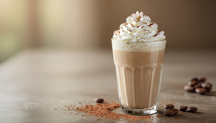 Mocha frappuccino in tall glass with whipped cream peak on stone surface with copy space