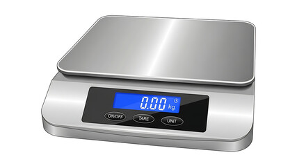 A realistic vector illustration of a modern stainless steel digital kitchen scale with an LCD display, isolated on a clean white background