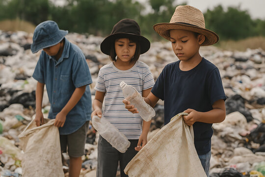 Children collecting plastic waste at landfill, environmental pollution awareness concept, young volunteers holding sacks for garbage cleanup, sustainability education, recycling responsibility, povert