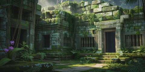 Ancient ruins engulfed by dense tropical vegetation revealing a majestic temple structure covered in moss and vibrant flora in daylight.
