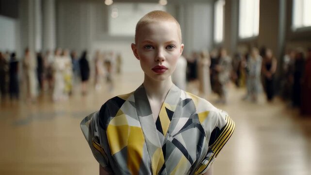 Medium shot focusing on a model in a nonbinary outfit showcasing bold geometric patterns in muted tones with the surroundings softly blurred to emphasize the design.