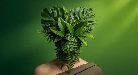 Person with a heartshaped head made of lush green leaves, symbolizing nature and environmental consciousness