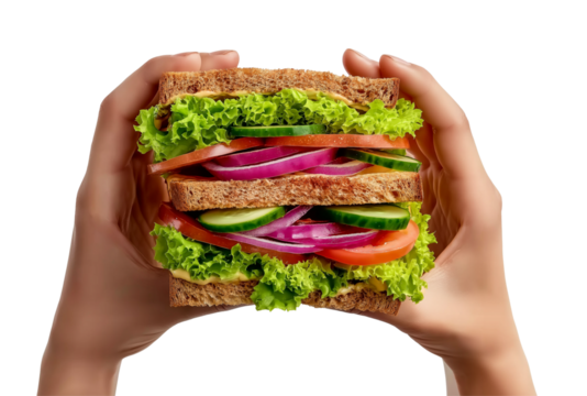 Hand Holding Fresh Sandwich: Isolated White Background