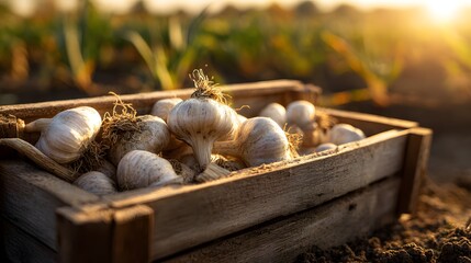 Artistic rendering of freshly collected garlic bulbs arranged in a handcrafted wooden crate in an open, sunlit field exuding agricultural promise