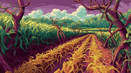 Evolving Agricultural Fields into a Mingle of NatureÆs Overgrown Splendor Captured in Precise and Vibrant Vector Art
