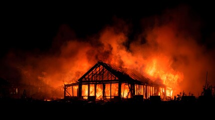 Raging Fire Consuming an Old Architectural Building with an Intense Orange Luminous Silhouette Amidst a Starless Night