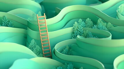 A surreal 3D cartoon scene featuring a ladder navigating through vibrant green maze walls rendered in a whimsical pastel vector illustration style.