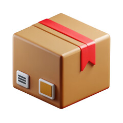 3d cardboard shipping box with red ribbon isolated on transparent background