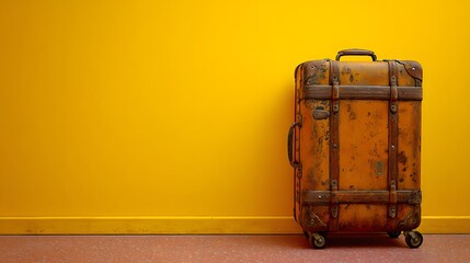 Abandoned distressed citrus suitcase with rusted wheels on bold yellow backdrop stirring nostalgic travel dilemmas in minimalistic artistic style