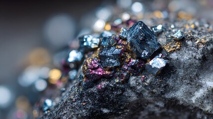 Detailed Macro Photograph of Raw Lithium Ore Crystals on Dark Granite with Vivid Metallic Highlights Emphasizing Strategic Mineral Importance