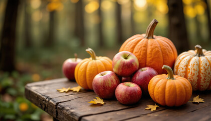 A collection of pumpkins and red apples is laid out on an old wooden table in the middle of an autumn forest.
