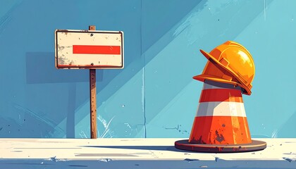 Construction scene, sign, helmet, cone